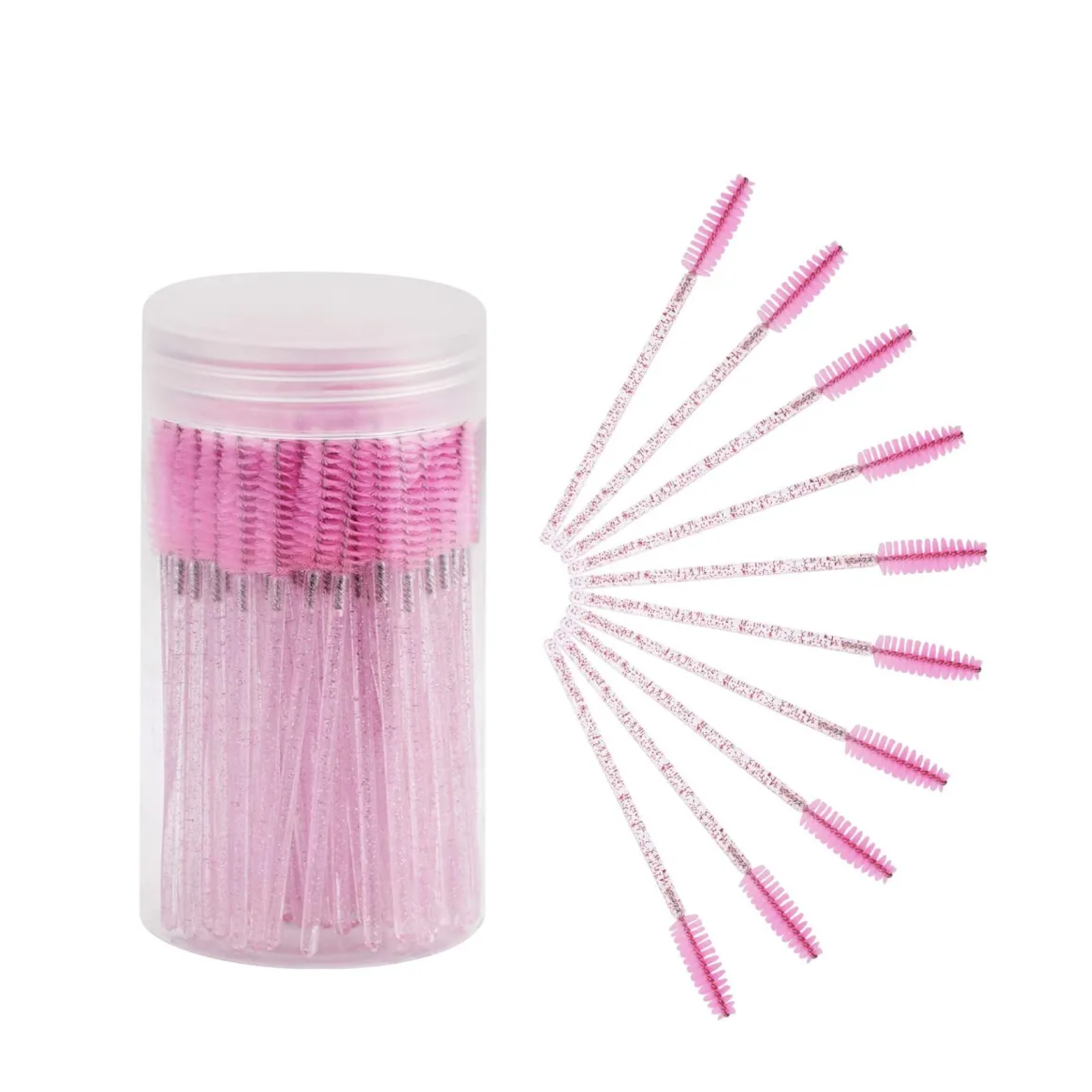 Disposable Mascara Wands, Crystal Eyebrow Spoolies Brush for Eyelash Extensions, Lash Brushes with Container (Pink) 100 Pcs
