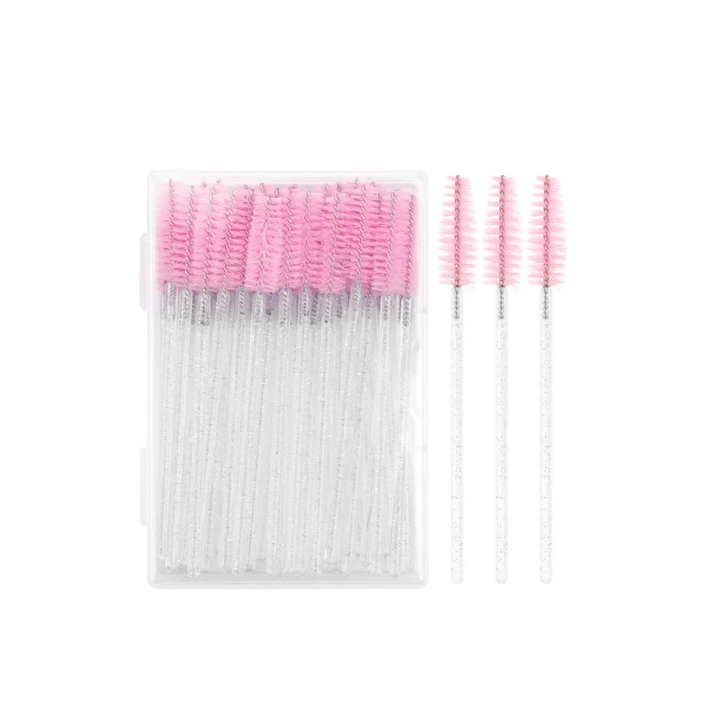 Pink nylon brushes with glitter (transparent stem) in a box (50 pcs)